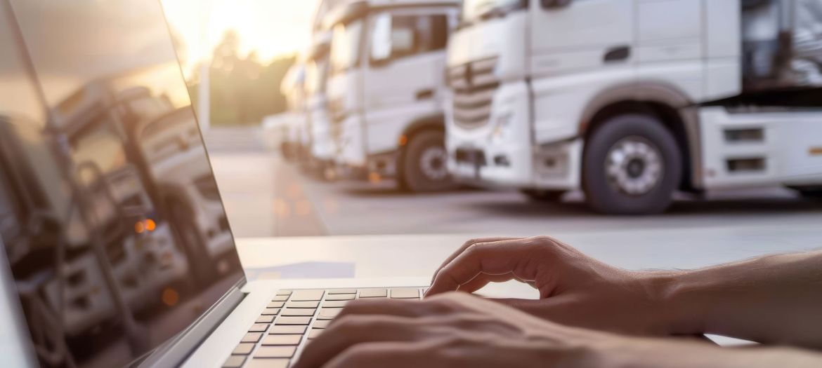 An image capturing a professional moment: close-up view of hands typing diligently on a laptop keyboard with the blur of transportation trucks in the sunlight creating a backdrop of industrious ambiance.