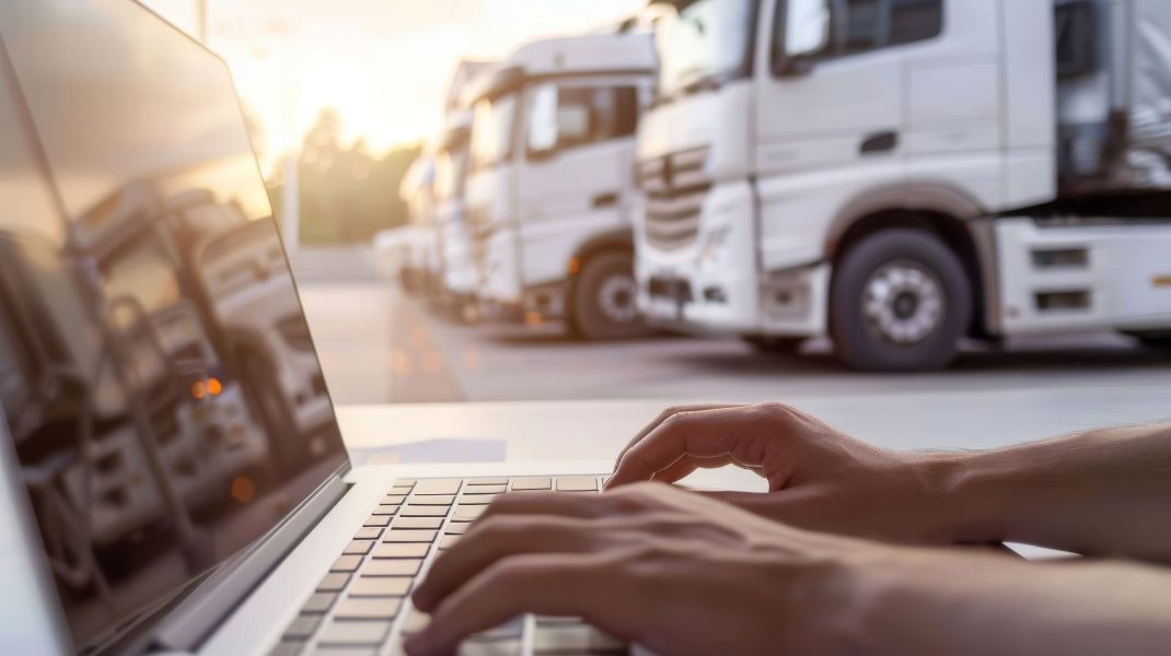 Professional at work: Close-up of hands typing on a laptop with trucks in the background